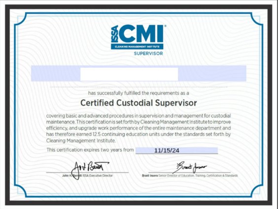 ISSA Cleaning Management Institute Certified Custodial Supervisor certificate